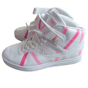 Fila Women's White & Pink Lace-Up High Top Embroidered Logos Sneaker Siz…